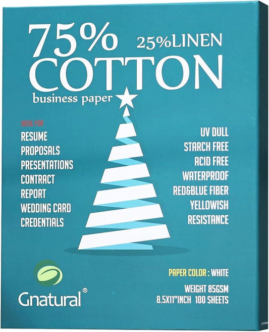 75% Cotton 25% Linen Paper, 85gsm Inkjet Printing Paper, 8.5"x11" White Color Resume Paper,100 Sheets Won't Get Wet Cotton Paper
