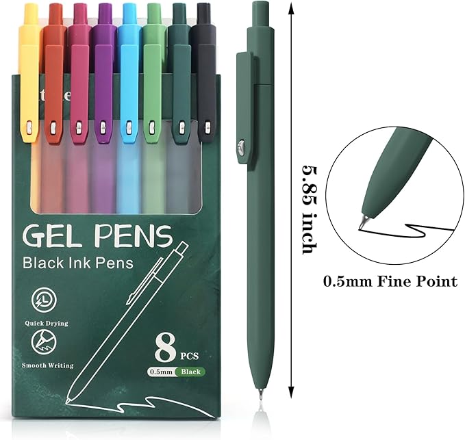 Piochoo Gel Pens,8 Pcs Black Ink Pens for Women, 0.5mm Fine Point Smooth Writing, High-End Series Retractable Pen for Journaling Note Taking Sketching No Bleed for Women Girls Nurse Teacher