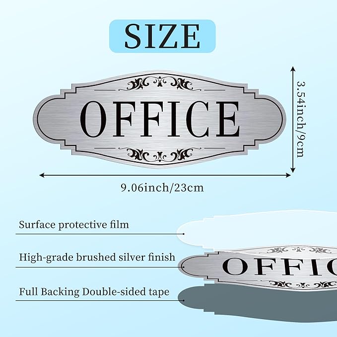 The Office Door Sign for Home and Business，Self-Adhesive Waterproof Brushed Silver Modern Office Sign Sticker for House，Business，Door, Window