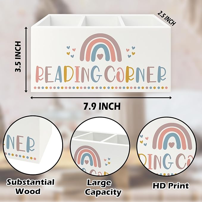 QZQE Boho Reading Corner Pen Pencil Holder Organizer for Desk, Boho Rainbow Bookish Wooden Box Signs Decorations for Reading Nook Corner Room Desk Tabletop, Book Lover Reader Gifts