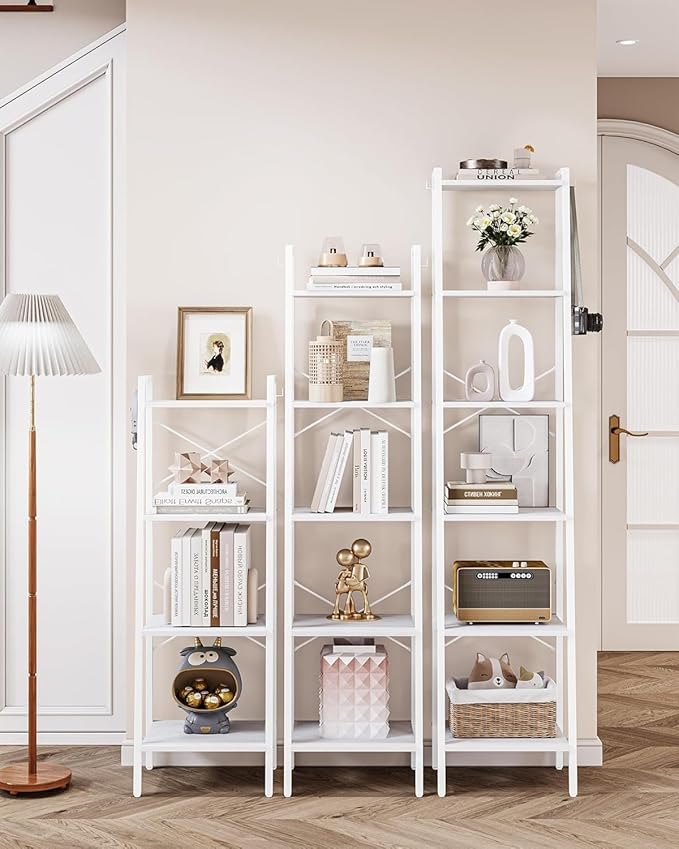 Hzuaneri Ladder Shelf, Bookshelf Bookcase, Freestanding Corner Storage Shelve with 2 Hooks for Home Office, Living Room, Kitchen, Bedroom, Industrial, 5-Tier White BC03213W