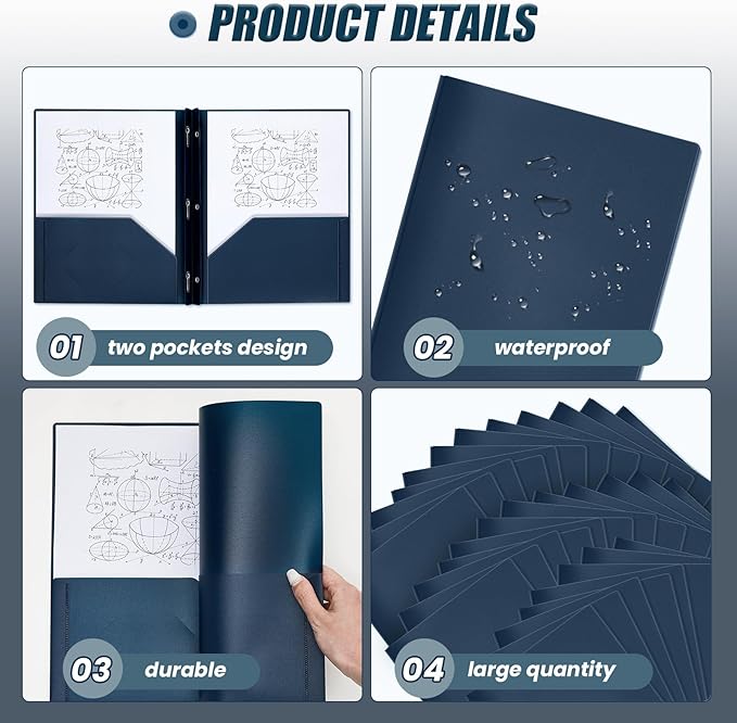 Lincia 100 Pcs Plastic Folders with Pockets and Prong Folders with Prongs 2 Pockets for Office, School for Students, Teachers, Office Workers(Navy Blue)