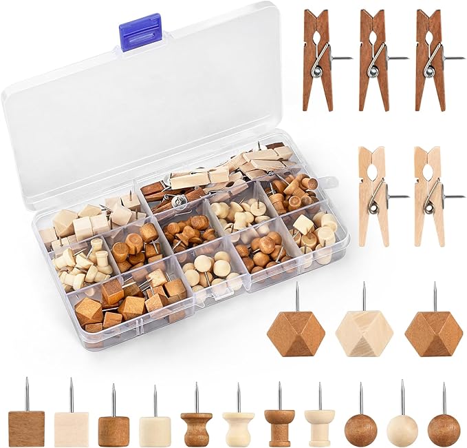 GOOLADA 114Pcs Decorative Push Pins in 7 Types and 2 Colors Wooden Push Pins Cute Thumb Tacks Clips for Cork Board Bulletin Board Wall Cubicle Crafts for Office Classroom Farmhouse with Storage Box