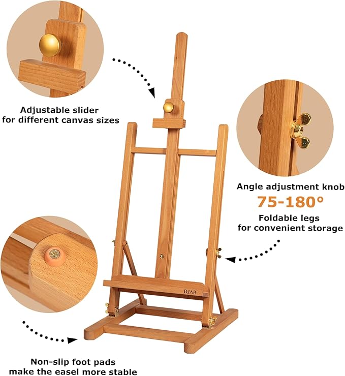 DJAR H- Frame Tabletop Painting Easel, Adjustable Solid Beech Wood Desktop Art Easel, Hold Canvas Up to 27.5", Assembly-Free Art Stand for Artist, Student, Natural