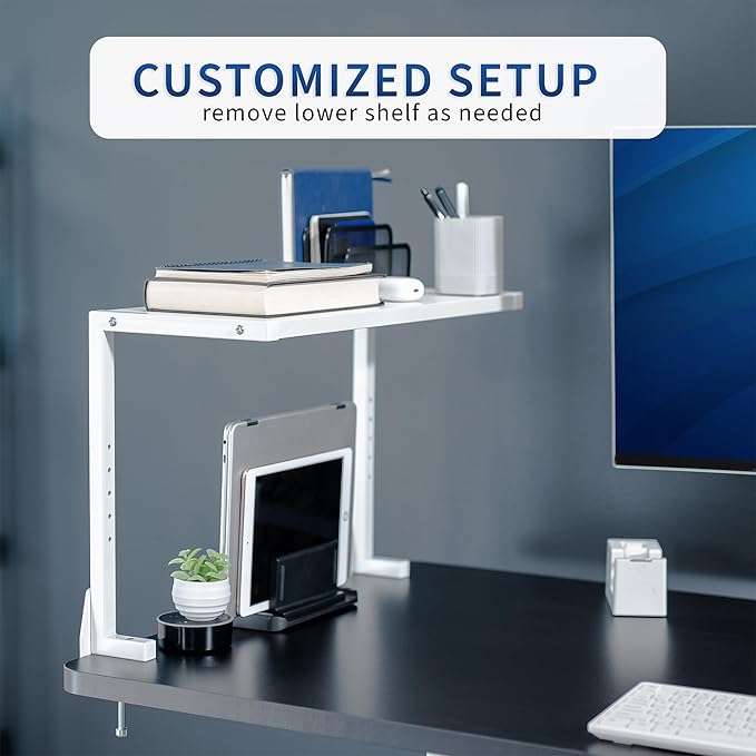 VIVO Clamp-on 24 inch Above or Below Desk 2-Tier Shelving Unit for Table Accessories, Gaming Devices, and More, Storage Tray, Desktop Organizer, White, STAND-SHELF24C-W