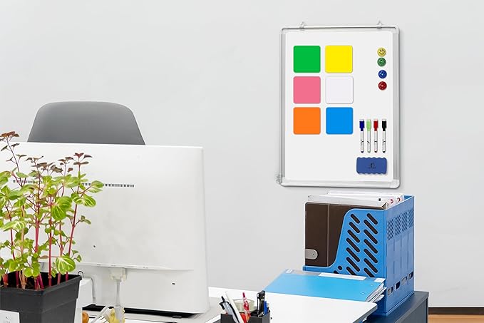 Whiteboard Set - 24 x 18 in Dry Erase Board with 1 Magnetic Eraser, 4 Dry Wipe Markers, 4 Magnets and 6 Magnetic Labels - Wall Hanging Reminder Kanban White Board for Home and Office (24x18 inch)