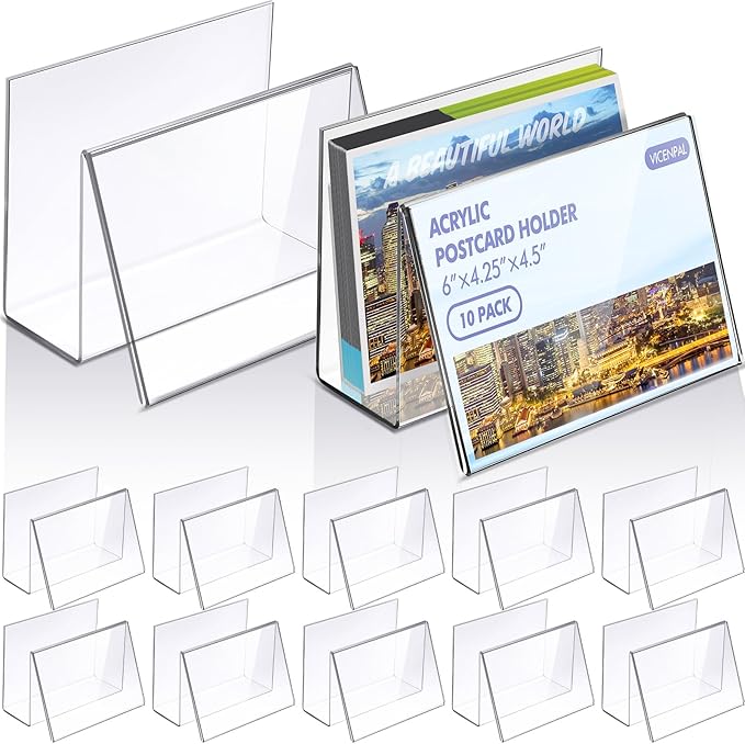 Crtiin 10 Pcs Clear Acrylic Postcard Holder Business Card Holder Greeting Card Display Clear Business Stand Rack for Index Organizer Desk Table Home Office, 6 x 4.25 x 4.5 Inches