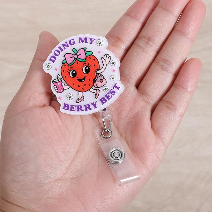 Doing My Berry Best Cute Strawberry Badge Reel, Retractable ID Card Badge Holders, Healthcare Worker Badge Clip for RN MA Pediatric Nurse Doctor Nursing Student Ambulatory Care PT OT Therapists HR