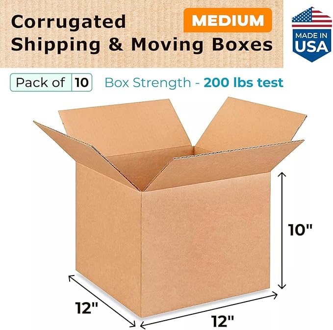 Medium Moving & Shipping Boxes 12x12x10 inches (10-Pack) - Extra Strength 200 lb vs Regular - Corrugated Boxes for Packaging - Corrugated Packaging Box - Medium Cardboard Box by IDL Packaging