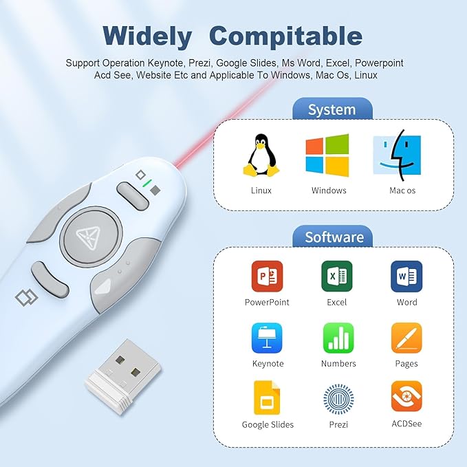 QUI Presentation Clicker Wireless Presenter Remote Clicker for PowerPoint Presentation Remote, PowerPoint Slide Advancer for Mac/Windows/Linux, Google Slide/PPT/Keynote, USB A, Blue