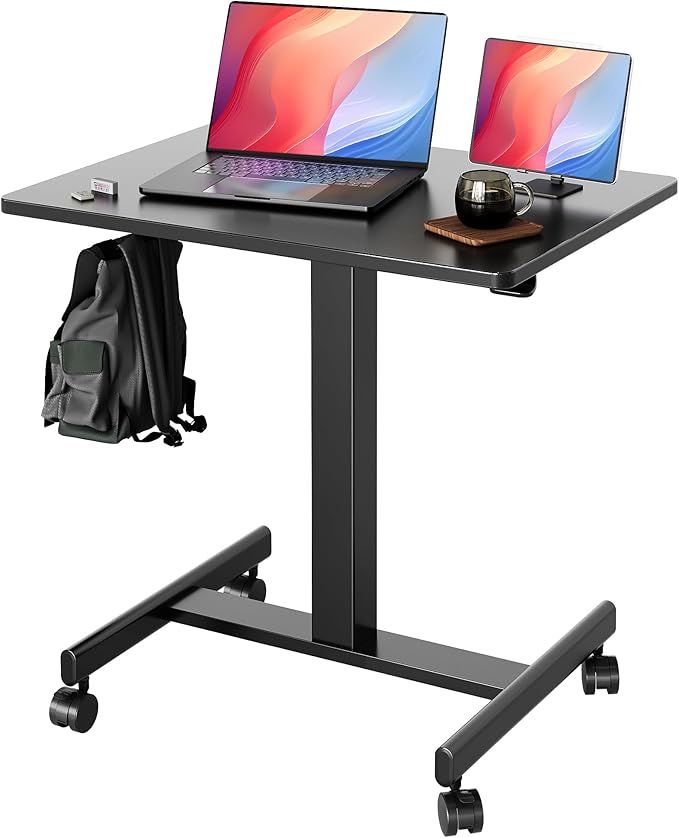 YDN Mobile Mobile Standing Desk, Adjustable Height Portable Laptop Desk with Lockable Wheels, 25.5" x 18.8" Rolling Desk with Hook for Computer Workstation, Black