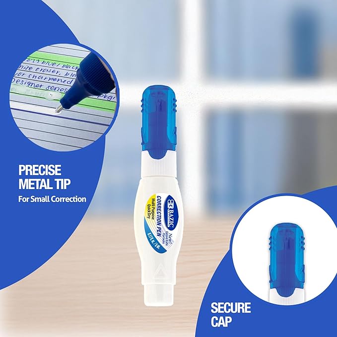 BAZIC Products Correction Pen – Corrections Fluid, Precise Metal Tip White Out, Ideal for School & Office Supplies, Alternative to Correction Solution, 2/Pack, 1-Pack