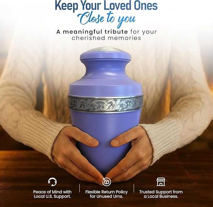 Modern Memorial Aluminum Large Urns - Urn for Adult Male and Female, Memorial Keepsake for Ashes (Purple Silver Band)