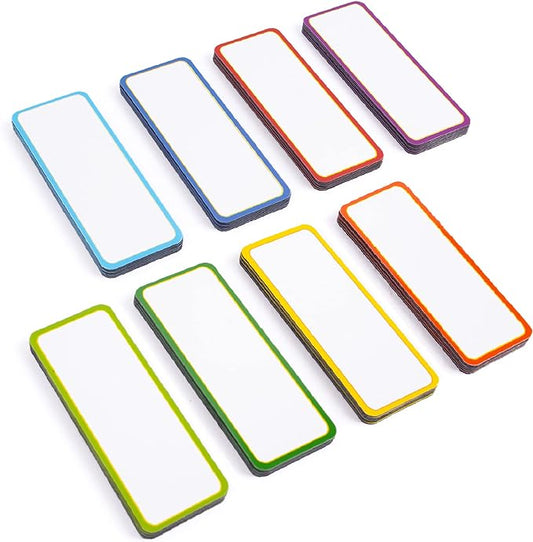 Availey 48 Pieces (3.2 x 1.2) - Colored Border Magnetic Dry Erase Labels - Reusable Strips for Classroom Home Office Garage Refrigerator Blank Writable Erasable Cards Name Tags Students Locker Shelf