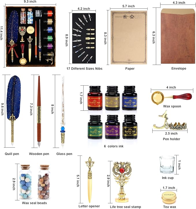 Junhartt Quill Feather Pen and Ink Set, Calligraphy Pen Glass Dip Pen and Wax Seal Stamp Kit (Navy Blue)