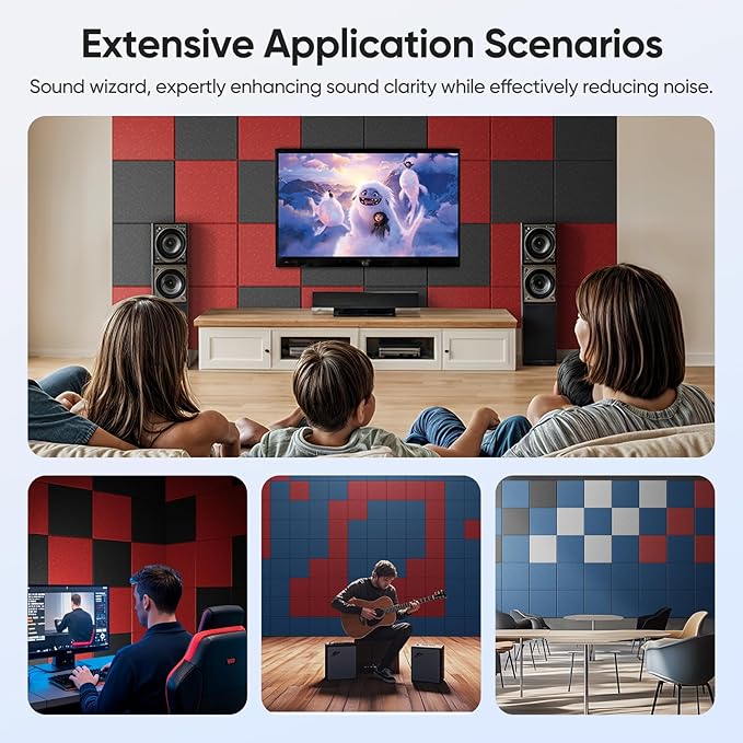 UNECHO 12 Pack 12" X 12" X 0.4" Acoustic Panels for Wall Sound Absorbing, Square Self-Adhesive Sound Panel, High Density Suitable for Multiple Scenarios(Cherry Red)