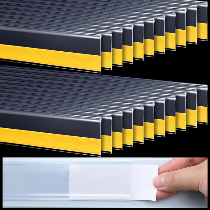 Fainne 25 Pcs Shelf Label Strips 1.25''H x 27 L Self Adhesive Shelf Label Holder Gondola Price Tag Stick on Plastic Clear Ticket Channel for Metal Wood Plastic Rack