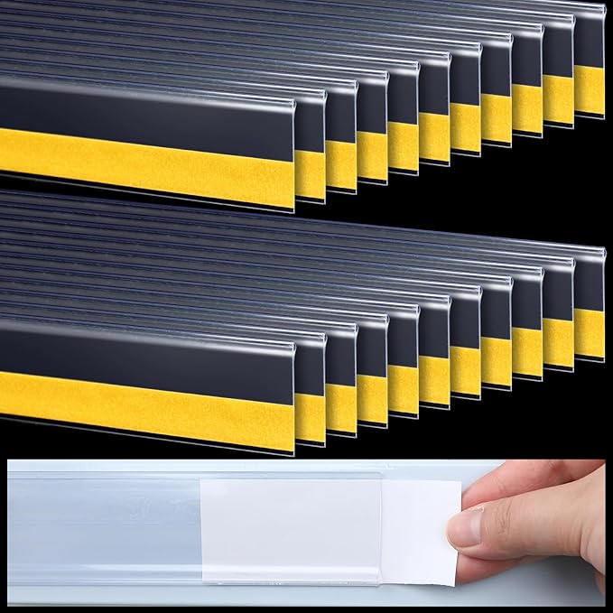 Fainne 50 Pcs Shelf Label Strips 1.5''H x 48''L Self Adhesive Shelf Label Holder Gondola Price Tag Stick on Plastic Clear Ticket Channel for Metal Wood Plastic Rack