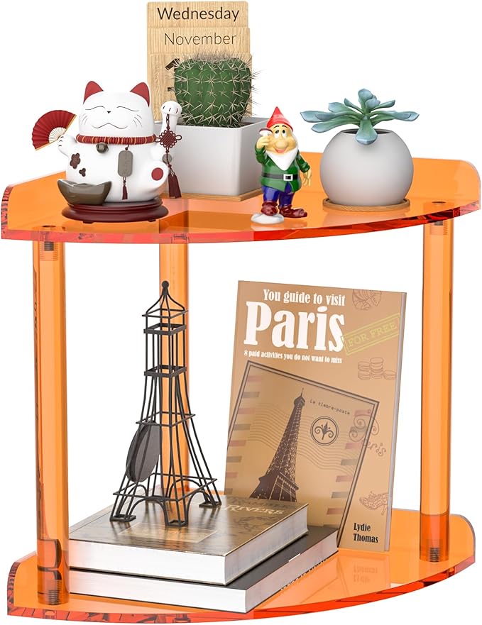 Sezanrpt 2 Tier Acrylic Corner Shelf Organizer Storage 9.5x9.5x8 Inch, Orange Countertop Corner Shelf for Bathroom, Kitchen, Bedroom, Office, Study Room