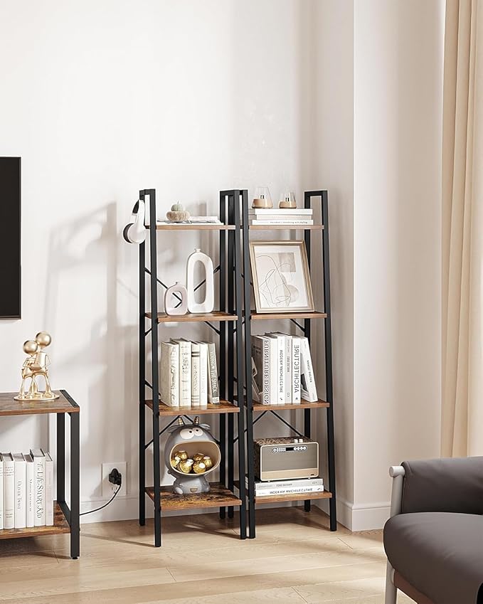 Hzuaneri Ladder Shelf, Bookshelf Bookcase, Freestanding Corner Storage Shelve with 2 Hooks for Home Office, Living Room, Kitchen, Bedroom, Industrial, 11.8"D x 13.4"W x 47.2"H, Rustic Brown BC13201B
