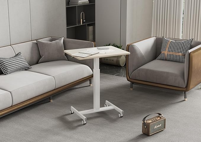 YDN Mobile Mobile Standing Desk, Adjustable Height Portable Laptop Desk with Lockable Wheels, 25.5" x 18.8" Rolling Desk with Hook for Computer Workstation, Natural