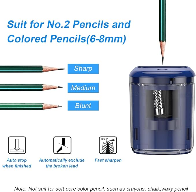Electric Pencil Sharpener Heavy-Duty Helical Blade Sharpener USB/Battery Operated for No.2/ (6-8mm) Pencils with Auto Stop & Cleaning Brush in School/Classroom/Office (Blue no Adapter)