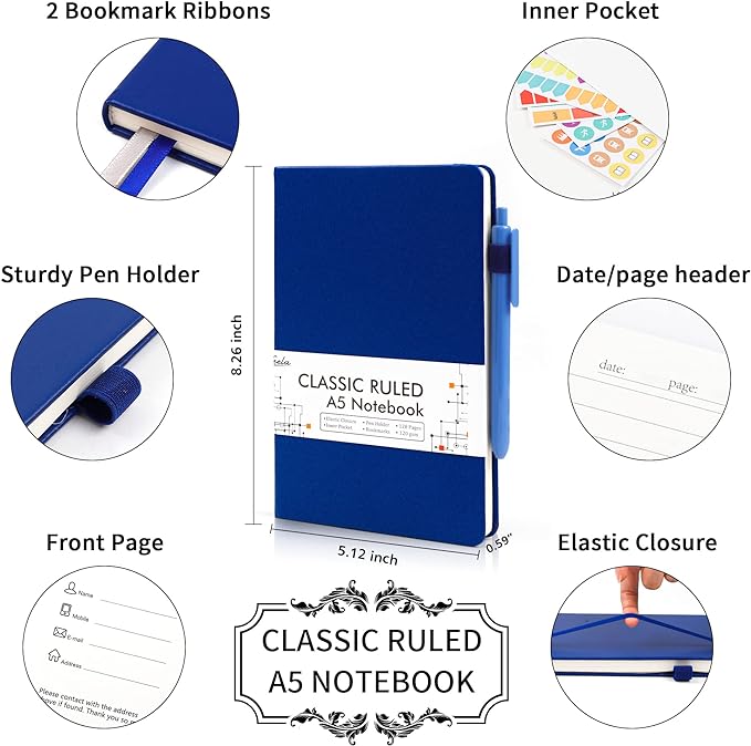 12 Pack Notebooks Journals Bulk with 12 Black Pens, Feela A5 Hardcover Notebook Classic Ruled Journal Set with Pen Holder for School Business Work Travel Writing, 120 GSM, 5.1”x8.3”, Navy