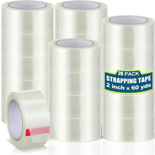Treela 20 Rolls Strapping Tape 2 Inch X 60 Yards 5.5 Mil Fiberglass Filament Tape Transparent Reinforced Heavy Duty Packing Strips for Shipping Sealing Binding Fixing