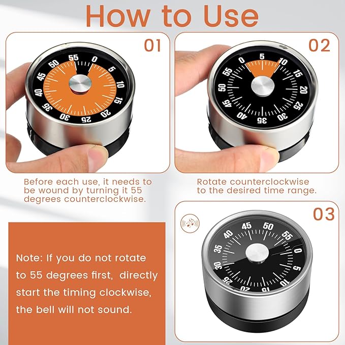 6 Pcs 60 Minute Visual Kitchen Timer Small Classroom Timers with Loud Alarm Stainless Steel Mechanical Timers for Classroom Desk Teaching Chef Countdown Egg Baking Office Cooking(Black)
