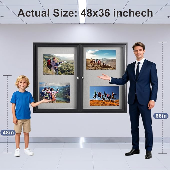 48x36 Inch Lockable Enclosed Bulletin Board, Weather-Resistant Outdoor Noticeboard with 2 Locking Doors, Wall-Mounted Black Aluminum Frame & Grey Felt Presentation Board