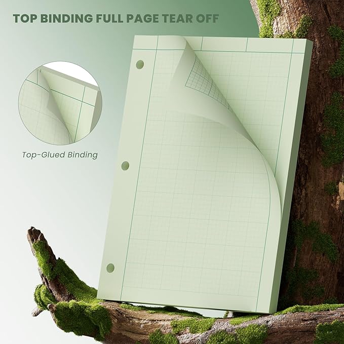 Engineering Paper 8.5 x 11, 3 Pack Engineering Notebook, 5x5 Quad Ruled, 3-Hole Punched Graph Paper, Top Binding Green Engineering Computation Pad 8.5 x 11, 100 Sheets/Pad Engineering Paper Notebook