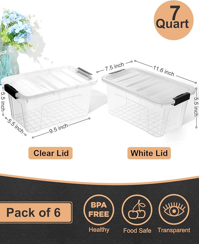 EOENVIVS Plastic Storage Bins with Lids 6 Pack, 7 Quart Storage Containers with Black Buckle Latch, Stackable Storage Containers for Home Pantry Office Classroom Organization, White