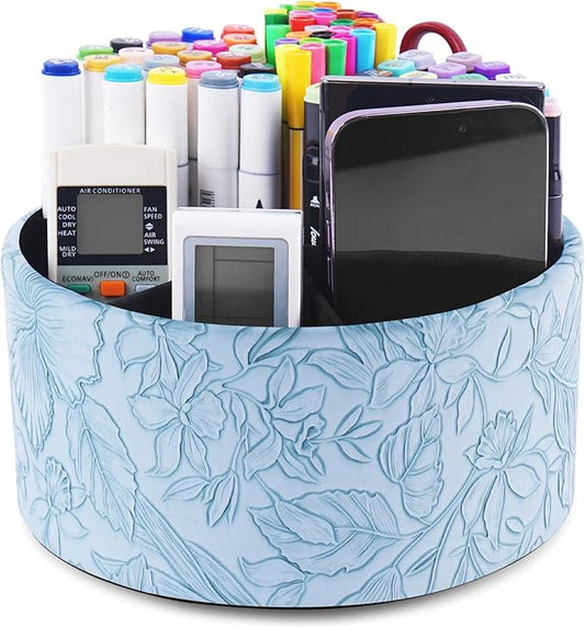 Hennaja Remote Control Holder, 360°Spinning PU Leather Desk TV Remote Caddy,Desk Storage Box Room Accessories for Controller, Media,Mail,Calculator, Mobile Phone,Pencil(1-Carved Blue)