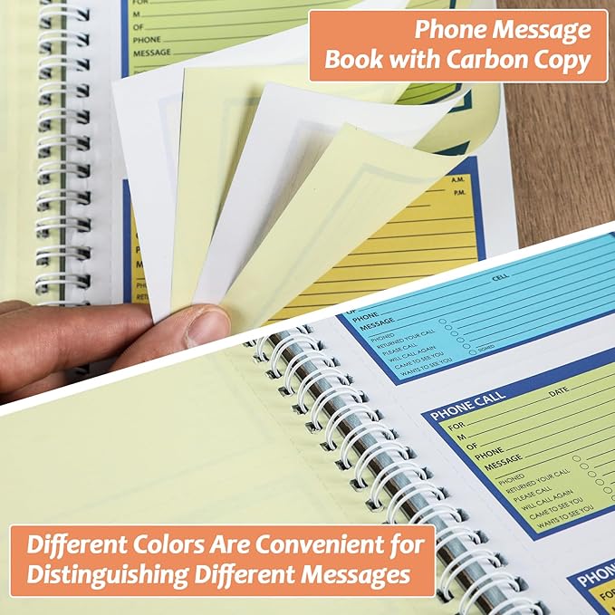 Spiral Bound Phone Message Book 5-1/4x11inch Phone Message Forms Book 2 Part Carbonless Phone Message Pads Phone Call Log Book Voicemail Log Book While You Were Out Message Pad 4 Messages/Page