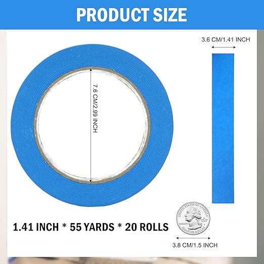 EFOK Blue Painters Tape 1.41 Inch Bulk - Paint Tape 20 Rolls x 1.41 Inch x 55 Yards - Painter's Tape Blue Masking Tape for Walls Painting Packing Automotive Home, Total 1100 Yards
