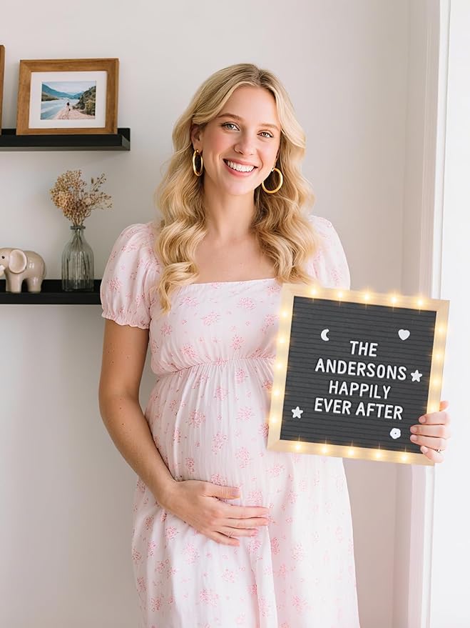 Changeable Felt Letter Board with LED Lights - 10×10" Message Custom Signs & Wood Stand & 450 Letters, Poster Board for Valentine's Day/Baby/Pregnancy Announcement/Classroom Wall Decor Gifts, Grey