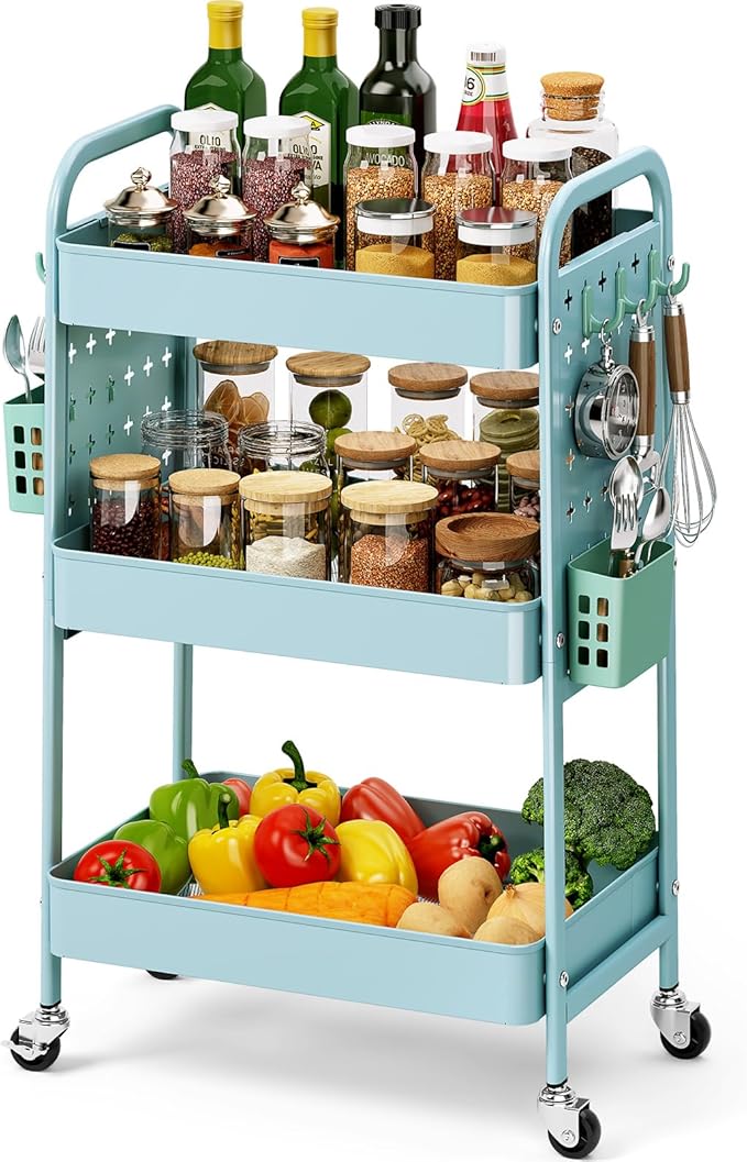 KINGRACK 3 Tier Rolling Cart with DIY Hanging Board, Metal Rolling Utility Cart with Wheels Handles Baskets Hooks, Rolling Storage Cart Suitable for Bathroom, Kitchen, Office, Nursery Diaper（Blue）