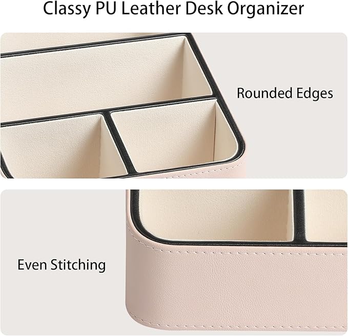 MEIBOOCH Remote Control Holder, PU Leather Small Desk Organizer with 4 Compartments, Nightstand Organizer Desk Caddy for Remote, Notepad, Phone, Glasses, and Accessories (Pink)