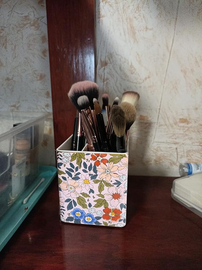 LEAZUL Pen Pencil Holder, Makeup Brush Holder,Ceramic Remote Control Holders Organizer with 2 Compartment Floral Multi-functional Office Organizers Storage Caddy Desk Tv Remote Holders Pink Flowers