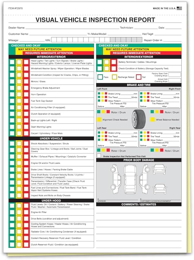 Visual Vehicle Inspection Report – 2-Part Carbonless Vehicle Checklist, Snap-Out Auto Service Forms, Fleet Maintenance Logs, Car Checkup Sheets - White & Canary 8.5"×11" - Pack of 750