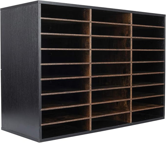 TQVAI Wood Literature Organizer, 27 Slots Hold 13500 Sheets A4 Papers, Wooden Desk File Paper Storage Organizer with Adjustable Shelves, Mailbox Cubbies for Office Home Classroom, Black/Archaize