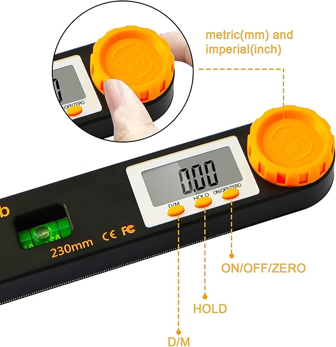 Rainyb Digital Angle Finder Tool 7inch 0-360 degree LED Digital Protractor with Horizontal Vertical Bubble Levels and Ruler Meter Accurate Tools for Carpenters,Woodworkers,Fabricators