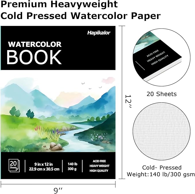 Watercolor Paper Pad, 9"x12" Water Color Paper, 140lb/300gsm Artist Painting Drawing Paper Book, Art Supplies for Adults Kids, Watercolors, Watercolor Paint Set, Sketchbook, Journal, Black