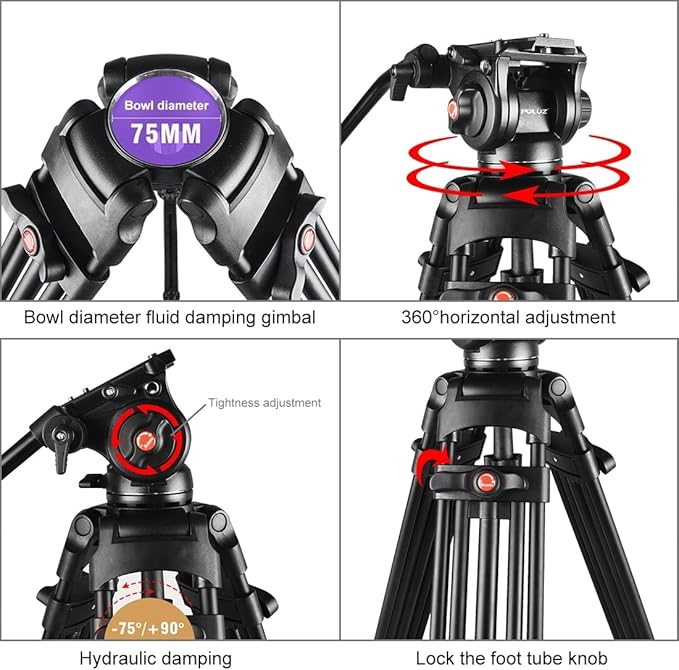 PULUZ 67"/170cm Video Tripod, Heavy Duty Aluminum Alloy Camera Tripod Stand with 360° Fluid Drag Head, QR Plate Compatible with Canon Nikon Sony and Other DSLR Camera Camcorder, Load Up to 22lb/10kg