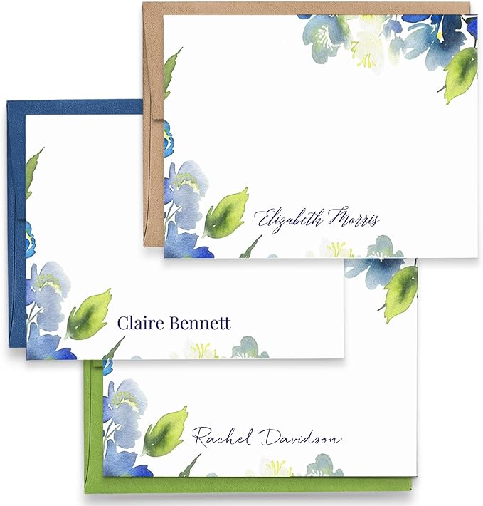 Personalized Floral Stationary with Envelopes, FLAT OR FOLDED, Watercolor Floral Stationery Set for Women, Blue and Green Personalized Floral Notecards with Envelopes, Choice of Colors and Quantity