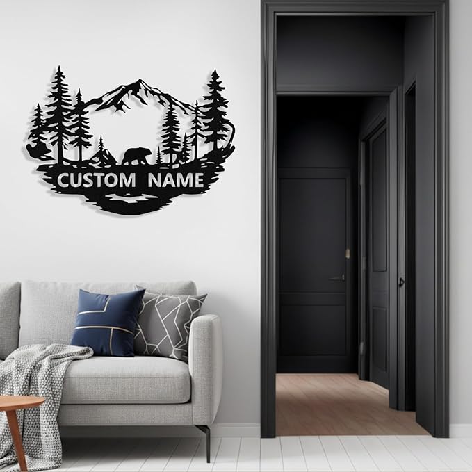 Custom Bear Metal Sign, Custom Bear Metal Wall Art Decor, Personalized Last Name Signs for Home, Rustic Farmhouse Black Wall Decor for Cabin, Bedroom, Living Room, Porch