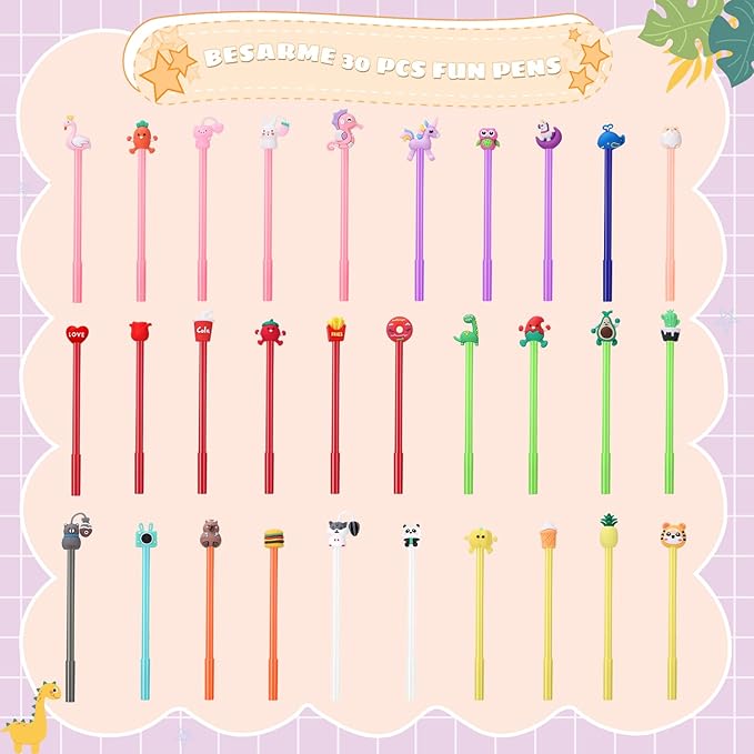 BESARME 30 PCS Cartoon Fun Pens for Adults, Cute Pens Bulk Gel Pen Prizes Classroom Rewards School Office Home Birthday Valentine's Day Classroom Gift Exchange Party Favors Goodie Bag Stuffers