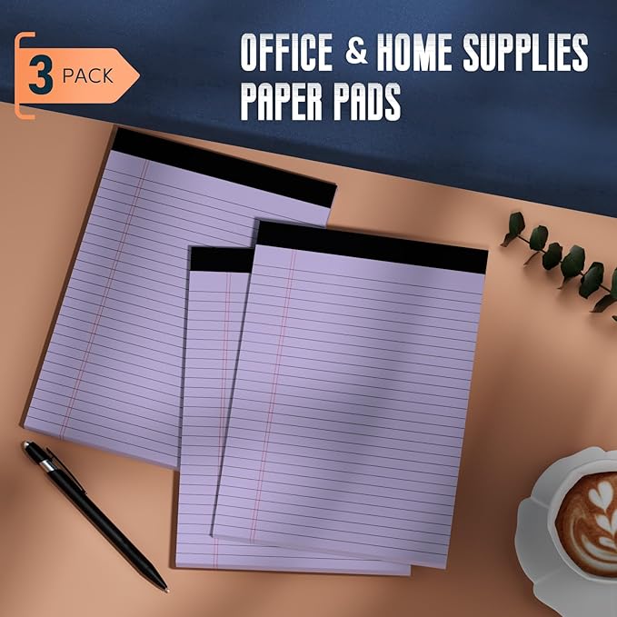 Purple Legal Pad 8.5 x 11 Wide Ruled Note Pads, 3 Pack Notepads 8.5 x 11 Lined Paper Wide Ruled Writing Pad, 30 Sheets Per Note Pad, Micro Perforated Colored Legal Pads 8.5 x 11 for Work/School/Office
