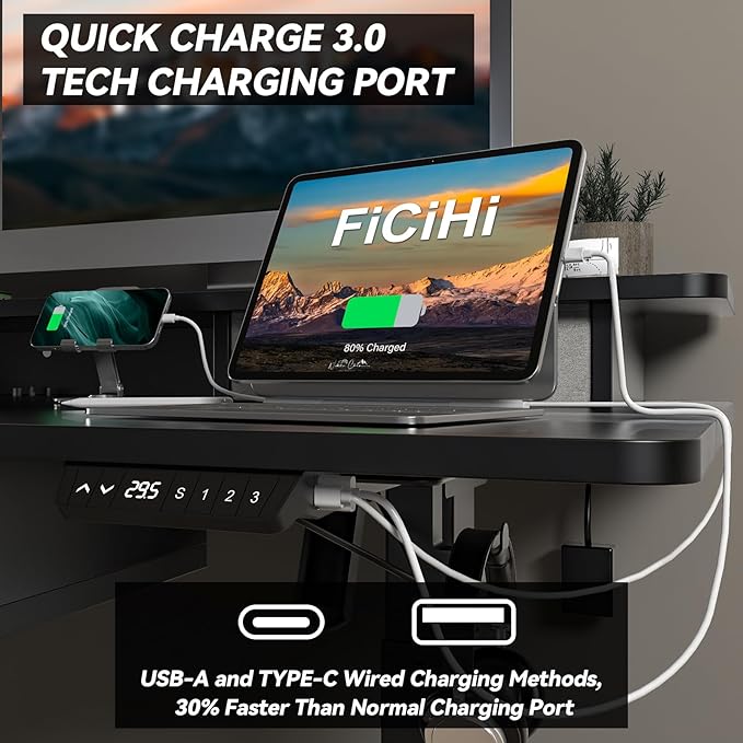 FiCiHi Adjustable Height Standing Desk with 4 Drawers,63 x 30 inches Electric Sit Stand Home Office Desk with Two Tiers, 3 Memory Presets, Monitor Stand Riser, USB A/C Charging Port