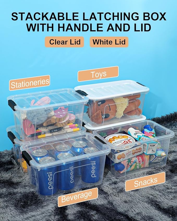 EOENVIVS Plastic Storage Bins with Lids 6 Pack, 7 Quart Storage Containers With Black Buckle Latch, Stackable Storage Organizers for Home Pantry Office Classroom Organization, Clear
